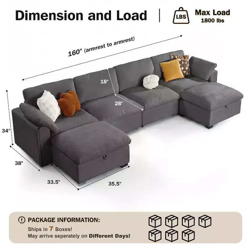 Sofá seccional modular en forma de L de 120" con relleno de plumón, otomana de almacenamiento y 2 almohadas, beige