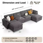 Sofá seccional modular en forma de L de 120" con relleno de plumón, otomana de almacenamiento y 2 almohadas, beige