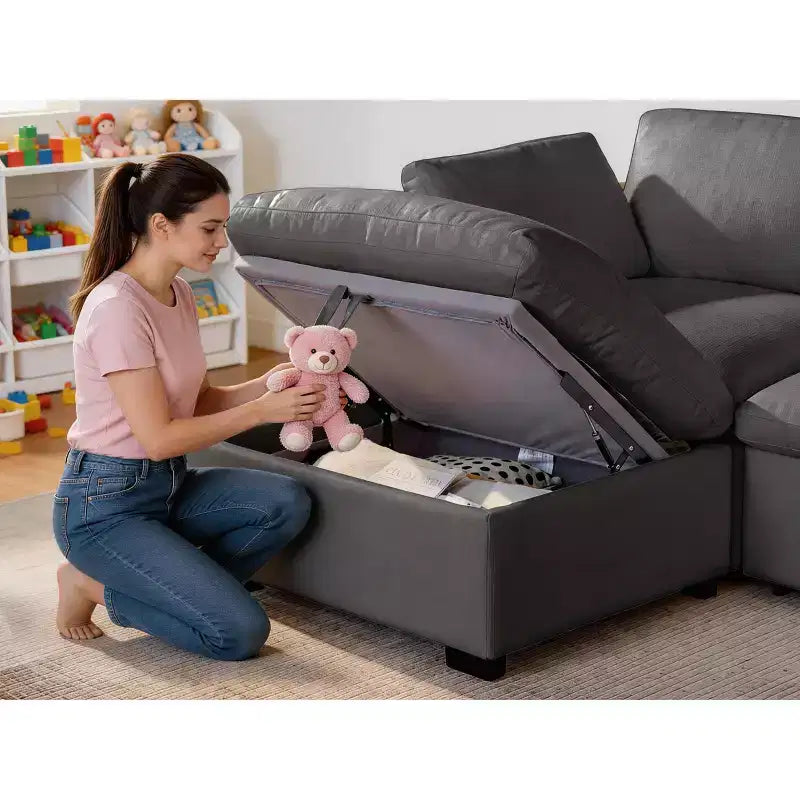 Sofá seccional modular en forma de L de 120" con relleno de plumón, otomana de almacenamiento y 2 almohadas, beige