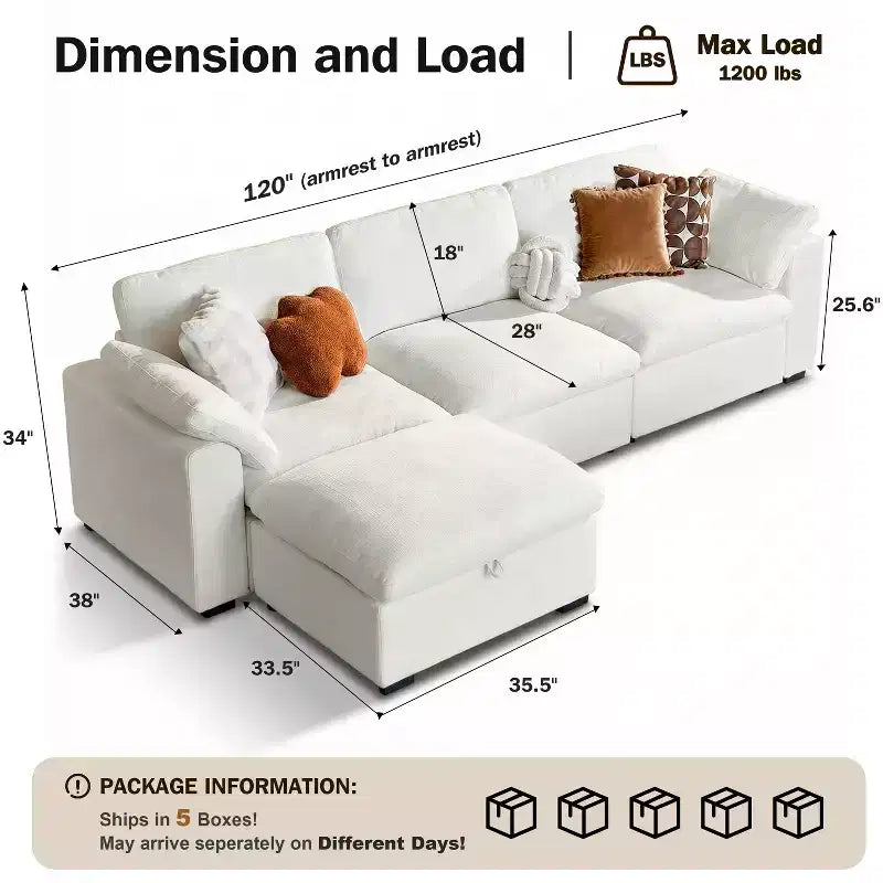 Sofá seccional modular en forma de L de 120" con relleno de plumón, otomana de almacenamiento y 2 almohadas, beige
