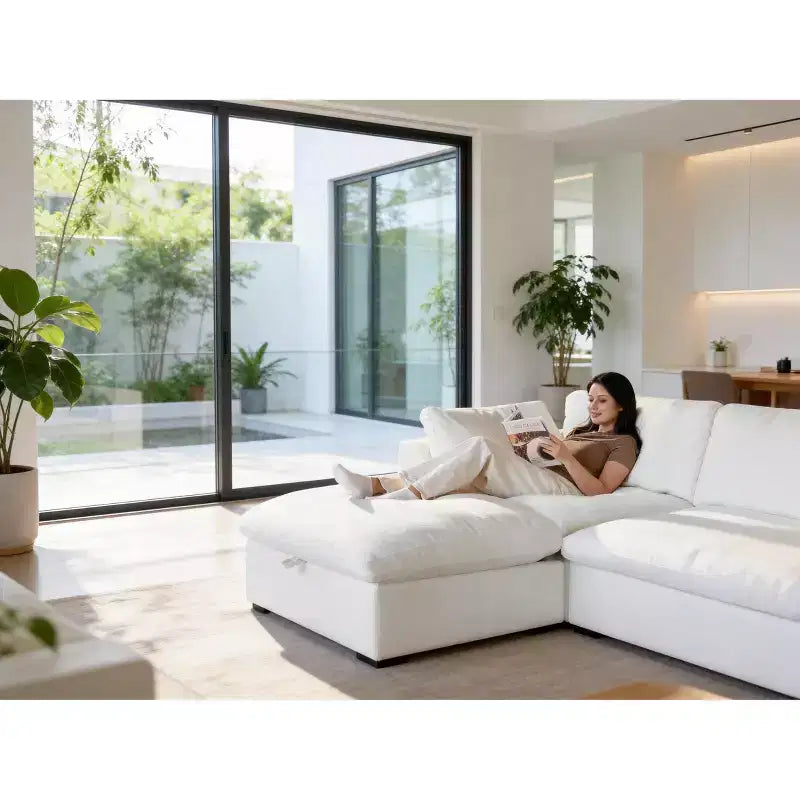 Sofá seccional modular en forma de L de 120" con relleno de plumón, otomana de almacenamiento y 2 almohadas, beige
