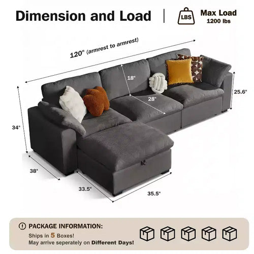 Sofá seccional modular en forma de L de 120" con relleno de plumón, otomana de almacenamiento y 2 almohadas, beige