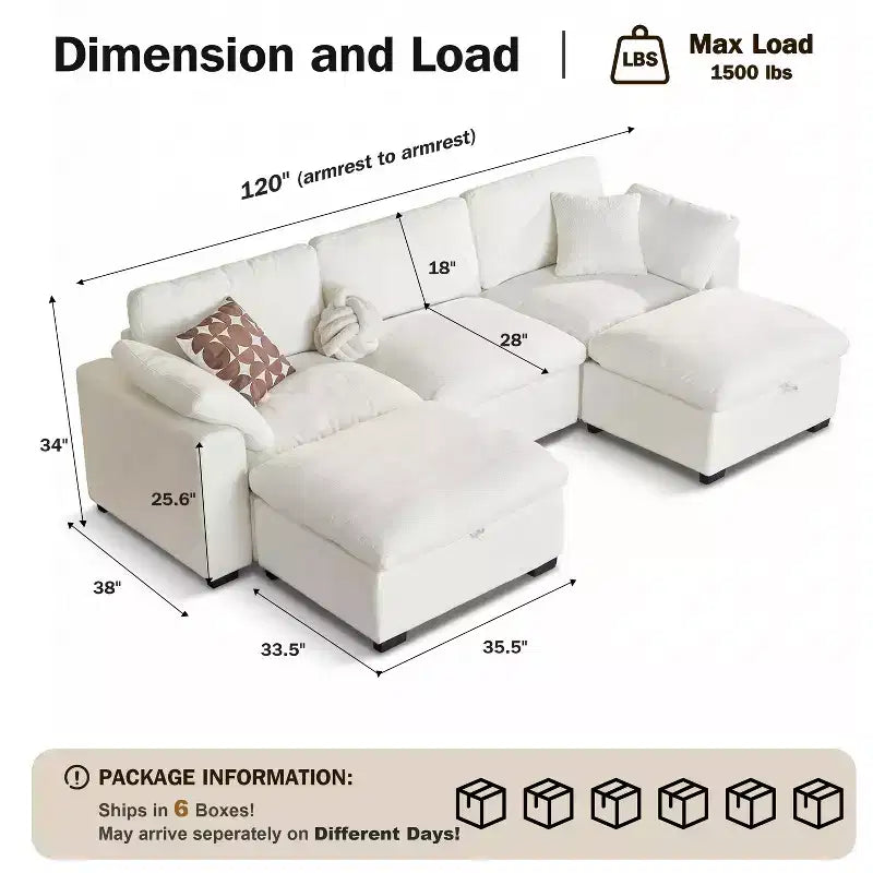 Sofá seccional modular en forma de L de 120" con relleno de plumón, otomana de almacenamiento y 2 almohadas, beige