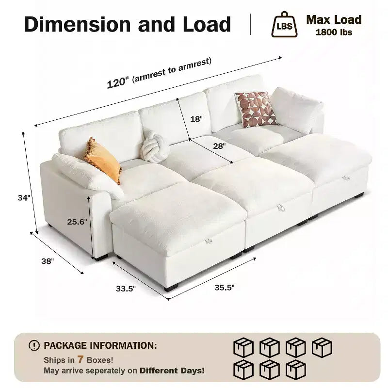 Sofá seccional modular en forma de L de 120" con relleno de plumón, otomana de almacenamiento y 2 almohadas, beige