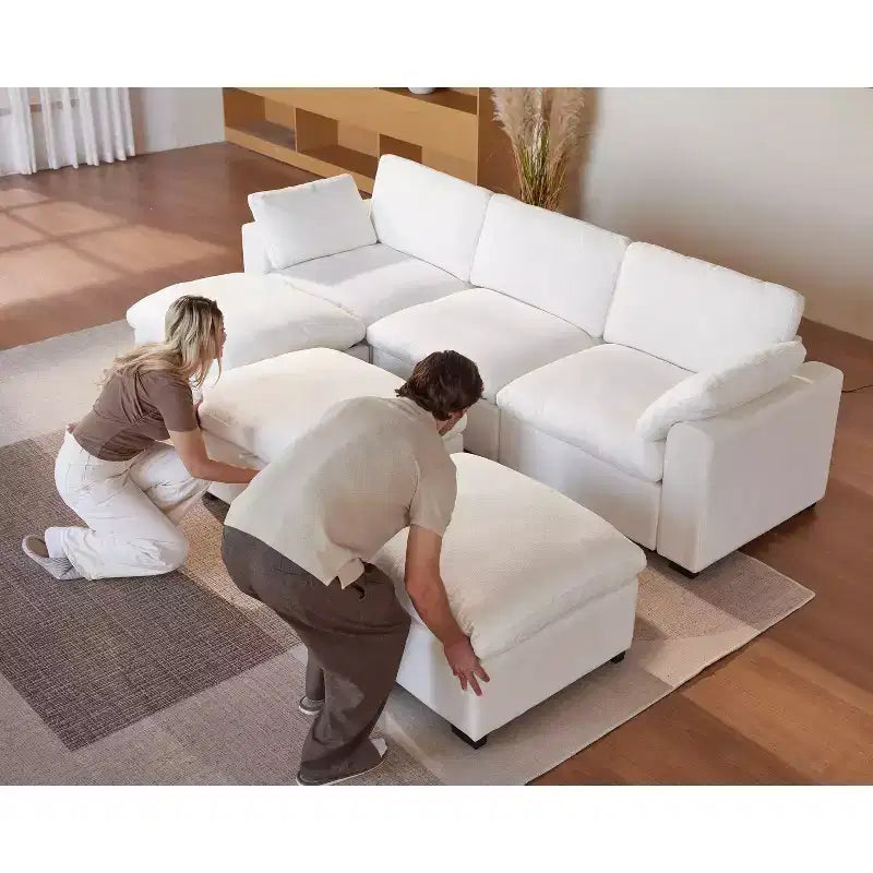 Sofá seccional modular en forma de L de 120" con relleno de plumón, otomana de almacenamiento y 2 almohadas, beige