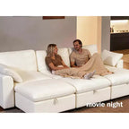 Sofá seccional modular en forma de L de 120" con relleno de plumón, otomana de almacenamiento y 2 almohadas, beige