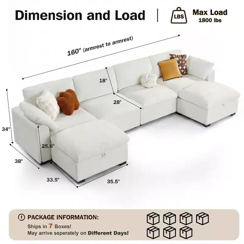 Sofá seccional modular en forma de L de 120" con relleno de plumón, otomana de almacenamiento y 2 almohadas, beige