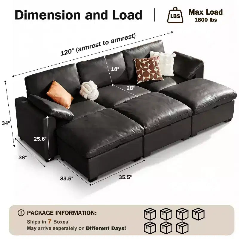Sofá seccional modular en forma de L de 120" con relleno de plumón, otomana de almacenamiento y 2 almohadas, beige