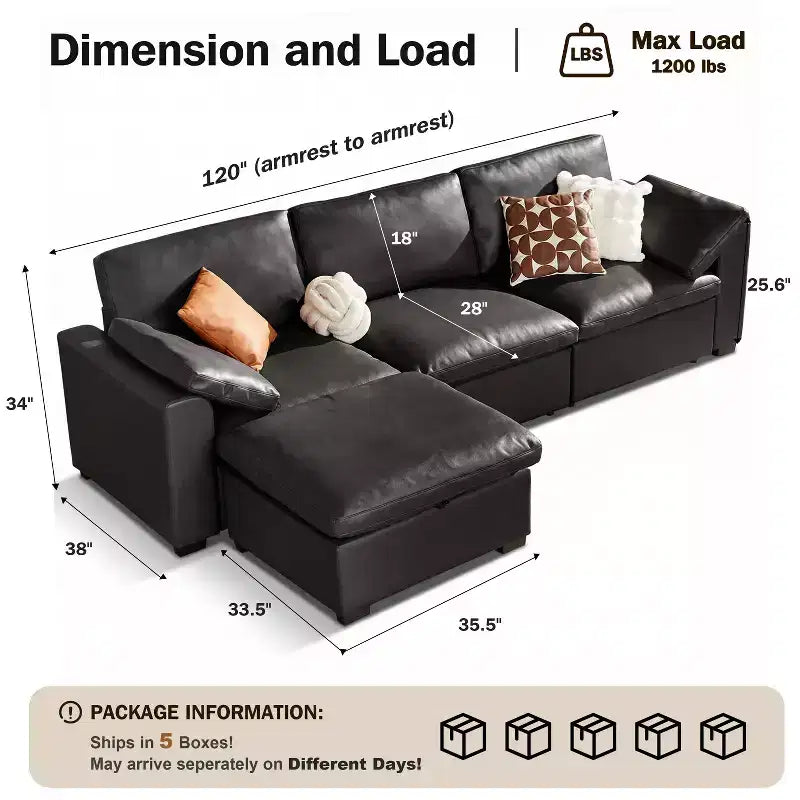 Sofá seccional modular en forma de L de 120" con relleno de plumón, otomana de almacenamiento y 2 almohadas, beige