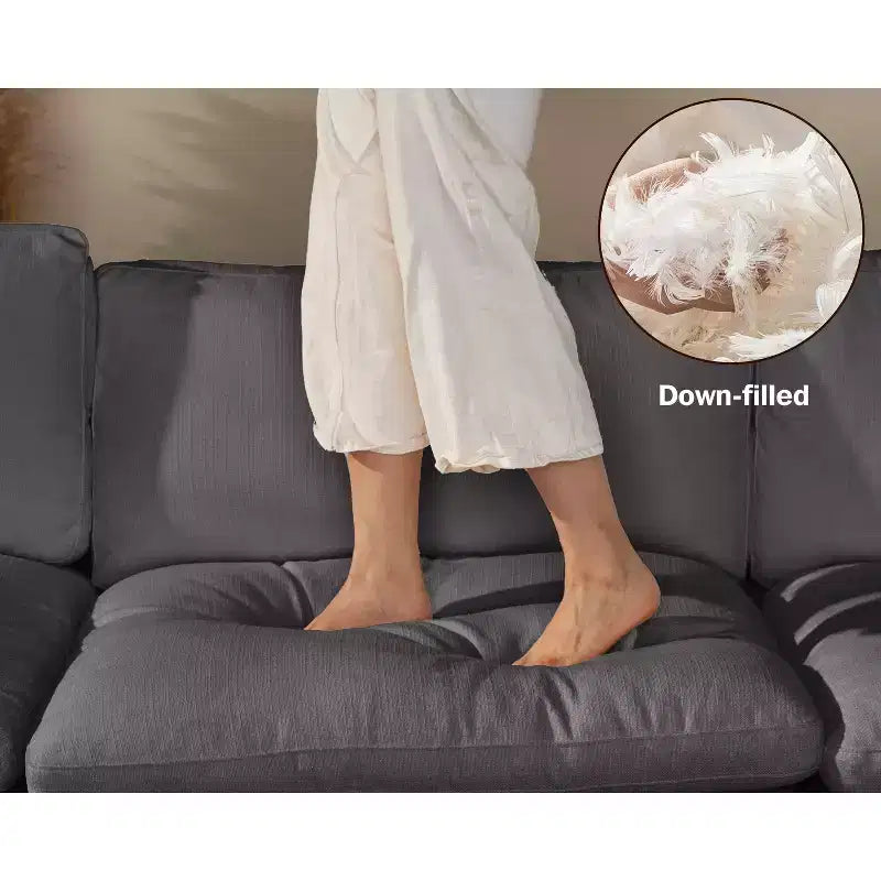 Sofá seccional modular en forma de L de 120" con relleno de plumón, otomana de almacenamiento y 2 almohadas, beige