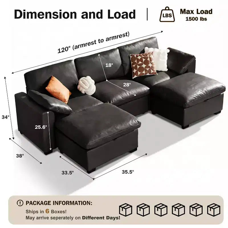 Sofá seccional modular en forma de L de 120" con relleno de plumón, otomana de almacenamiento y 2 almohadas, beige