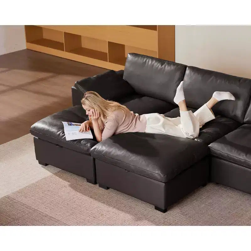 Sofá seccional modular en forma de L de 120" con relleno de plumón, otomana de almacenamiento y 2 almohadas, beige