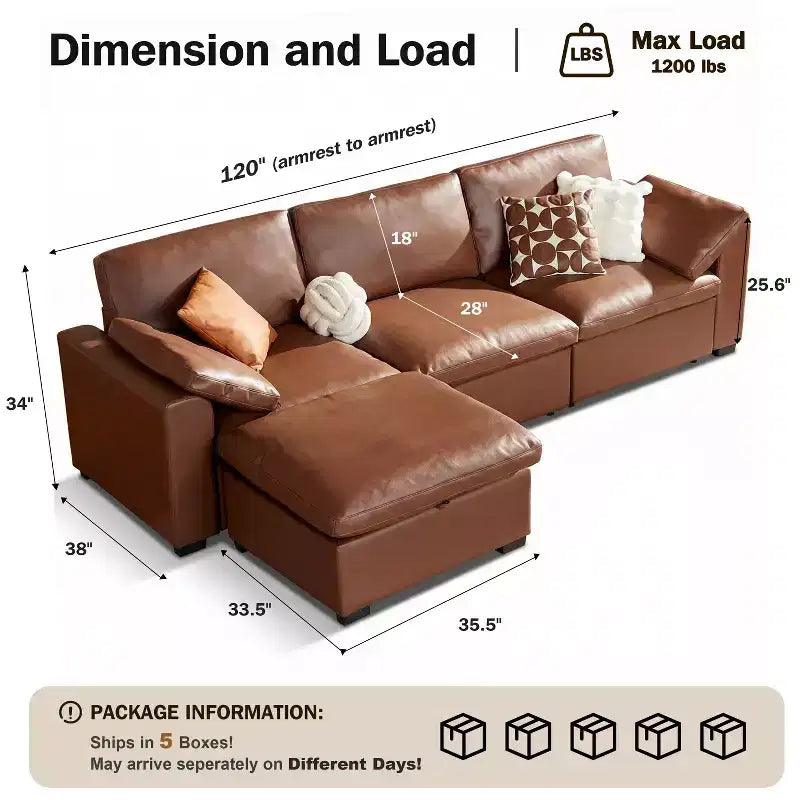 Sofá seccional modular en forma de L de 120" con relleno de plumón, otomana de almacenamiento y 2 almohadas, beige