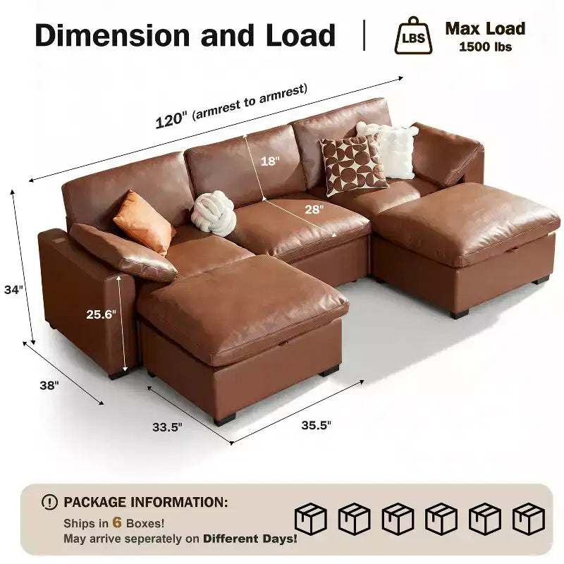 Sofá seccional modular en forma de L de 120" con relleno de plumón, otomana de almacenamiento y 2 almohadas, beige