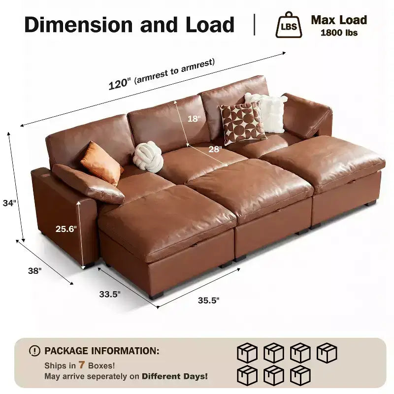 Sofá seccional modular en forma de L de 120" con relleno de plumón, otomana de almacenamiento y 2 almohadas, beige