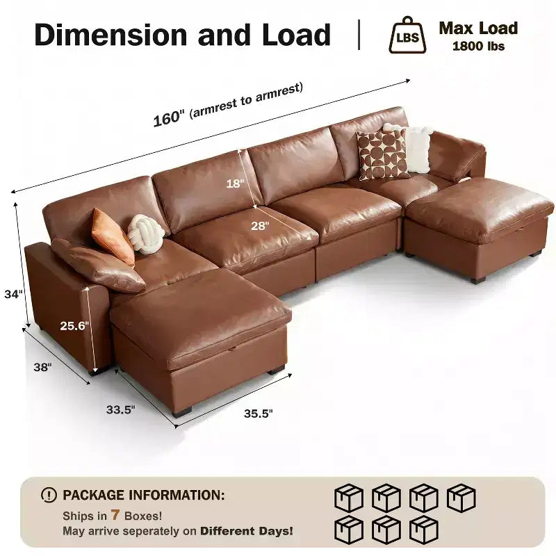 Sofá seccional modular en forma de L de 120" con relleno de plumón, otomana de almacenamiento y 2 almohadas, beige