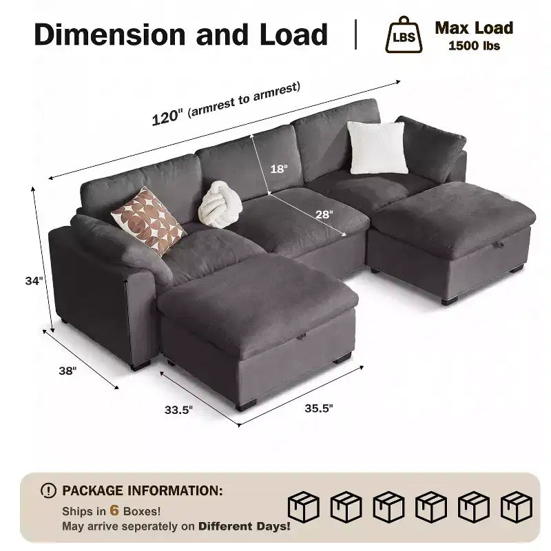 Sofá seccional modular en forma de L de 120" con relleno de plumón, otomana de almacenamiento y 2 almohadas, beige