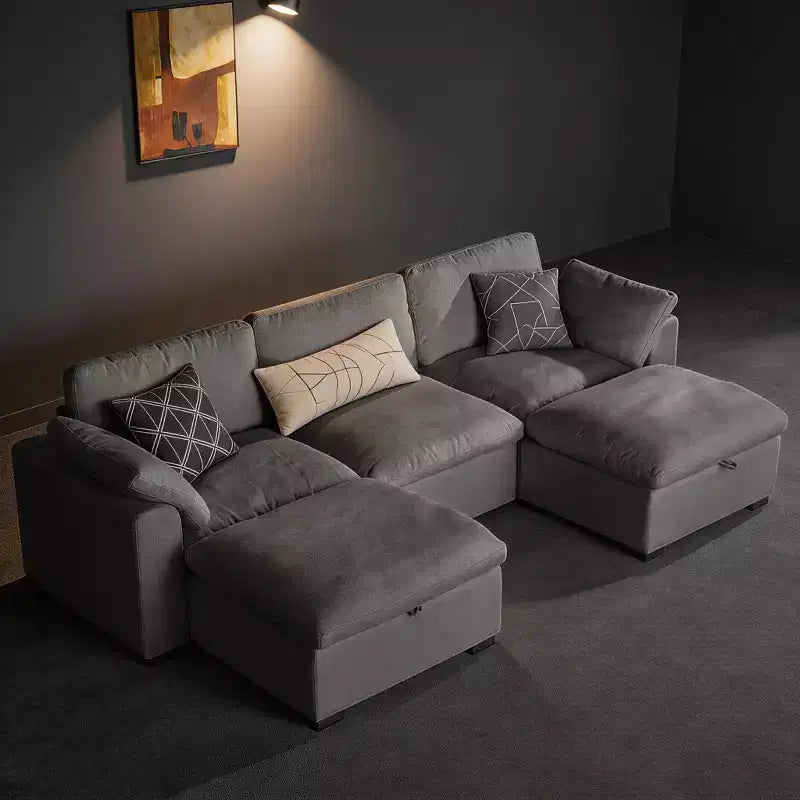 Sofá seccional modular en forma de L de 120" con relleno de plumón, otomana de almacenamiento y 2 almohadas, beige