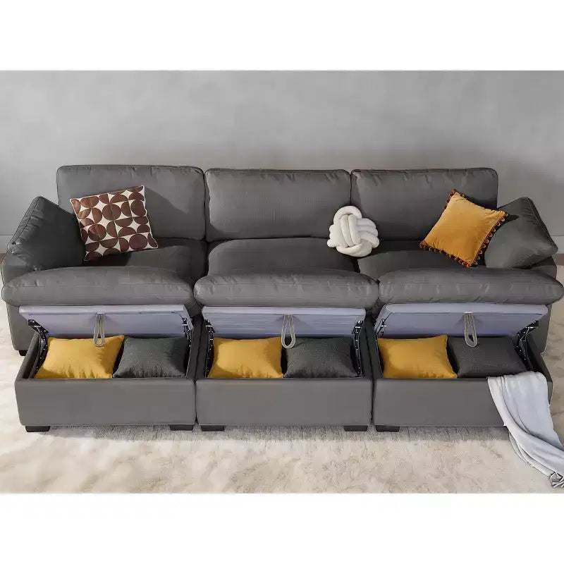 Sofá seccional modular en forma de L de 120" con relleno de plumón, otomana de almacenamiento y 2 almohadas, beige