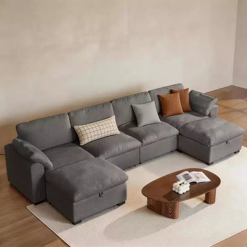Sofá seccional modular en forma de L de 120" con relleno de plumón, otomana de almacenamiento y 2 almohadas, beige