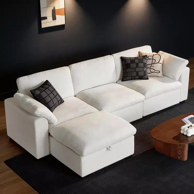 Sofá seccional modular en forma de L de 120" con relleno de plumón, otomana de almacenamiento y 2 almohadas, beige