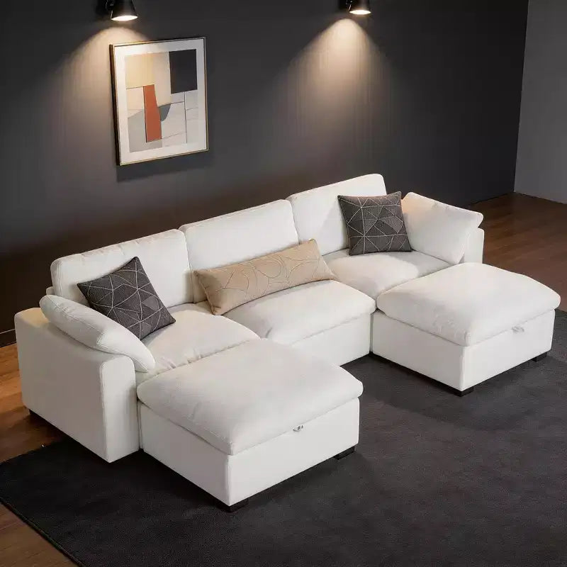 Sofá seccional modular en forma de L de 120" con relleno de plumón, otomana de almacenamiento y 2 almohadas, beige