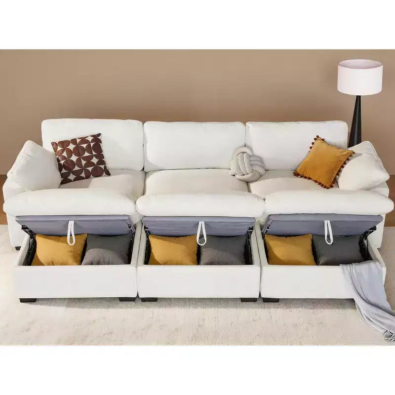 Sofá seccional modular en forma de L de 120" con relleno de plumón, otomana de almacenamiento y 2 almohadas, beige