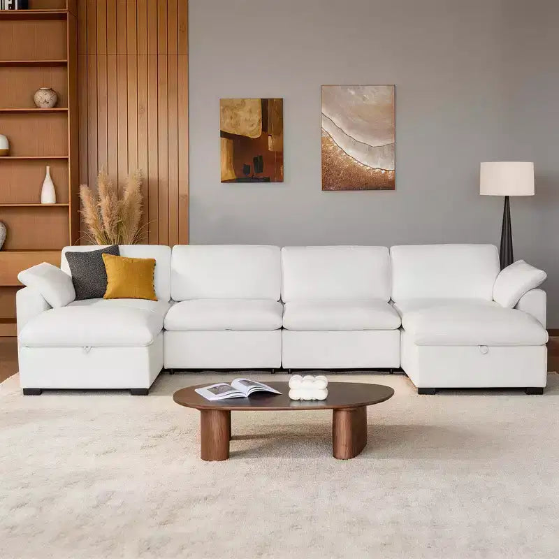 Sofá seccional modular en forma de L de 120" con relleno de plumón, otomana de almacenamiento y 2 almohadas, beige