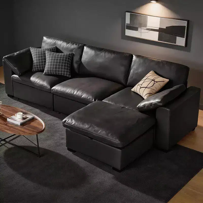 Sofá seccional modular en forma de L de 120" con relleno de plumón, otomana de almacenamiento y 2 almohadas, beige