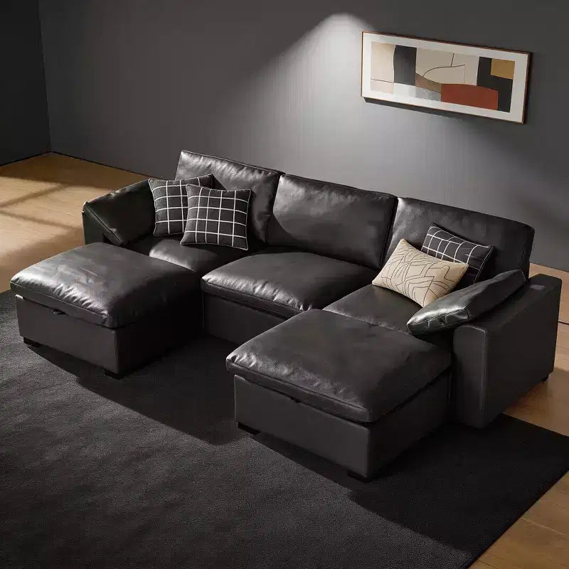 Sofá seccional modular en forma de L de 120" con relleno de plumón, otomana de almacenamiento y 2 almohadas, beige