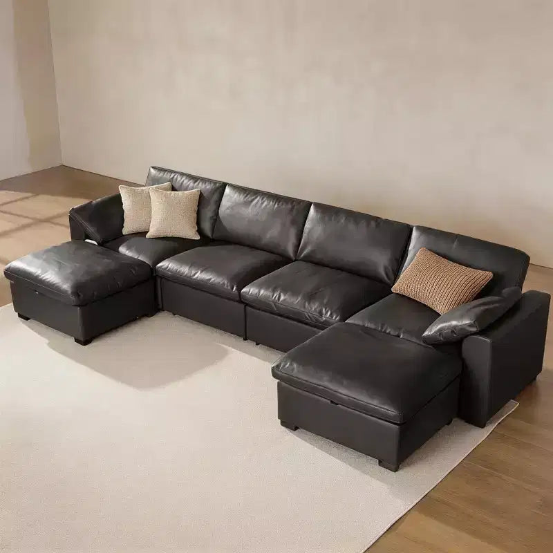 Sofá seccional modular en forma de L de 120" con relleno de plumón, otomana de almacenamiento y 2 almohadas, beige