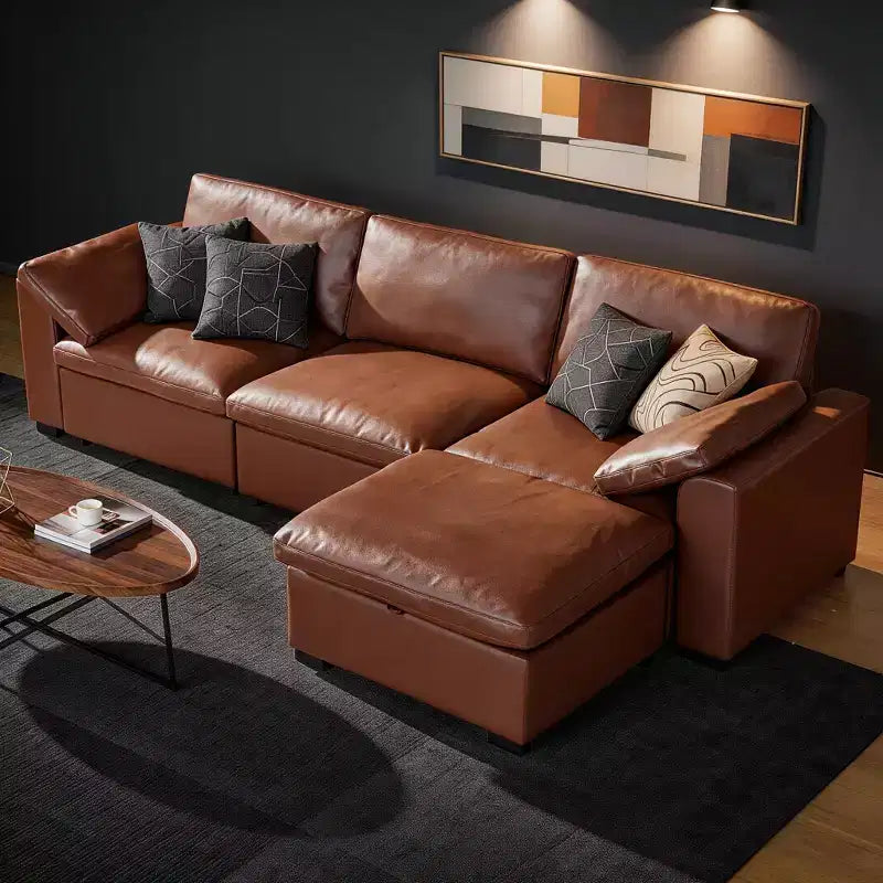 Sofá seccional modular en forma de L de 120" con relleno de plumón, otomana de almacenamiento y 2 almohadas, beige