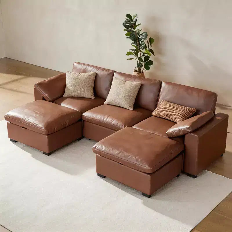 Sofá seccional modular en forma de L de 120" con relleno de plumón, otomana de almacenamiento y 2 almohadas, beige