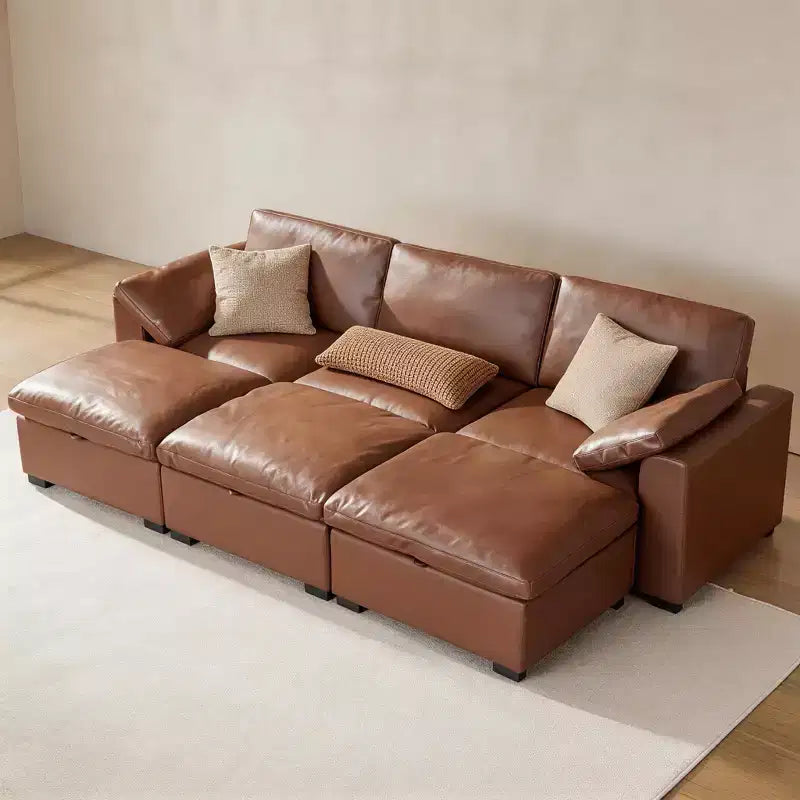 Sofá seccional modular en forma de L de 120" con relleno de plumón, otomana de almacenamiento y 2 almohadas, beige