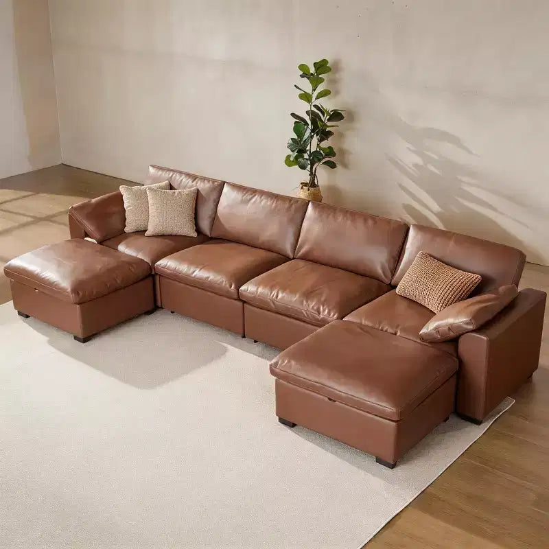 Sofá seccional modular en forma de L de 120" con relleno de plumón, otomana de almacenamiento y 2 almohadas, beige