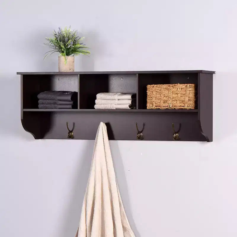 Perchero de pared con 4 ganchos dobles y estante de almacenamiento de madera para sala de estar